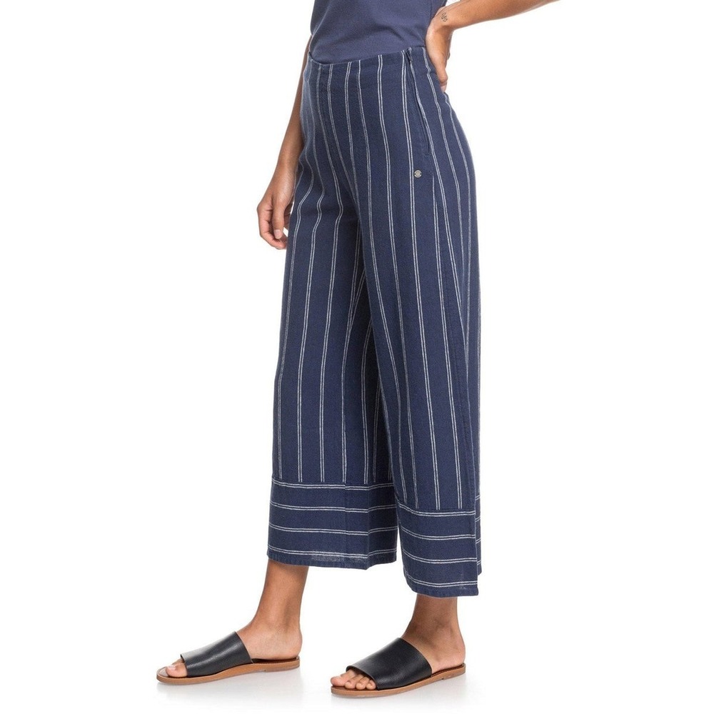 Roxy Blue White Striped Tell Me Ok High Waist Linen Wide Leg Cropped Pants XL - Picture 2 of 11